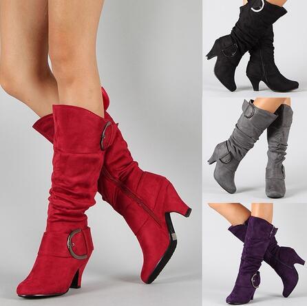 Belt Buckle Mid - Calf Boots for Women - Chunky Heel Boots - AmiraMart
