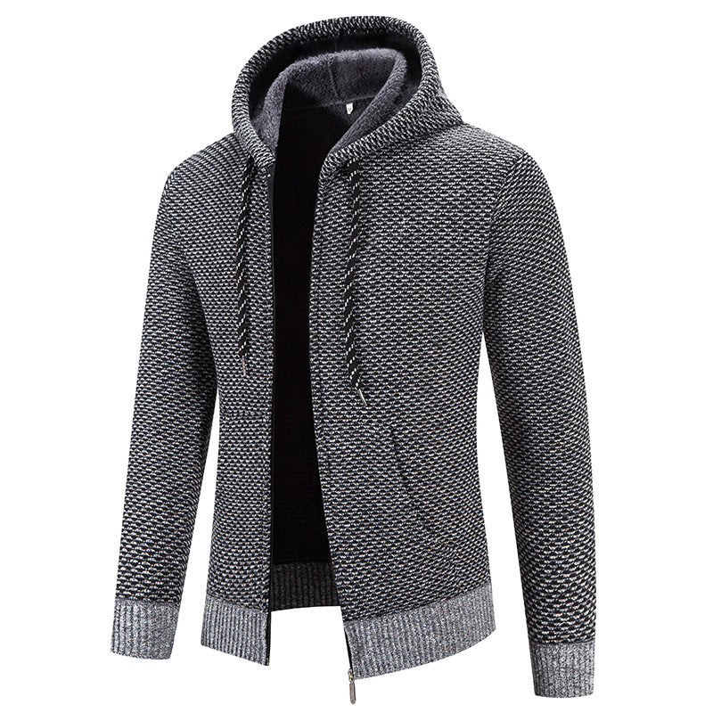 Gray knitted hoodie with a zipper on a white background