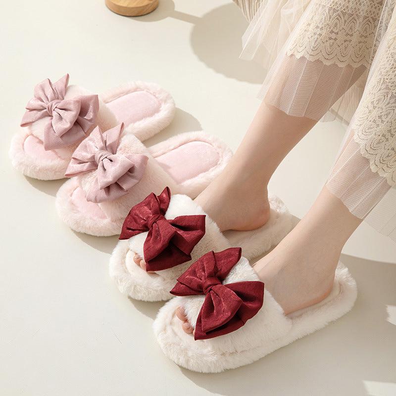 Bow Opening Cotton Slippers Home Plush - AmiraMart
