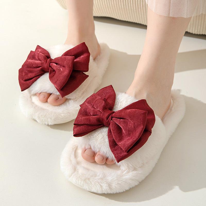 Bow Opening Cotton Slippers Home Plush - AmiraMart