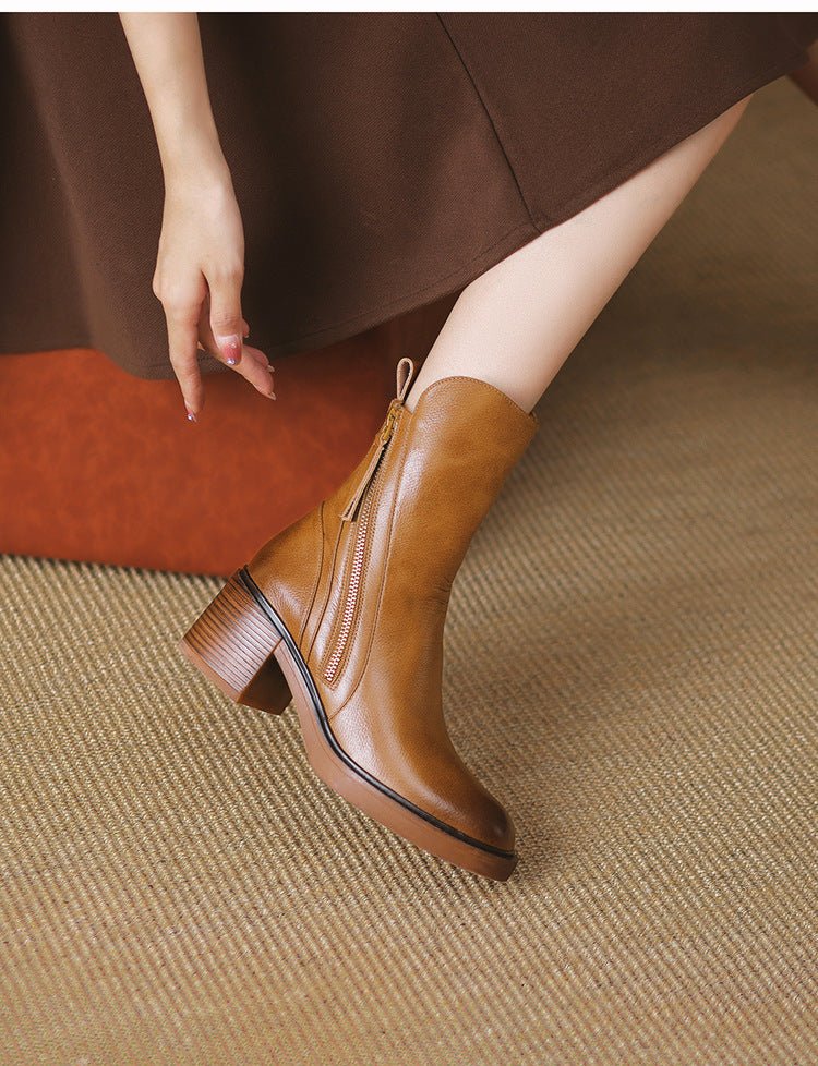 British - Style Thick Heel Ankle Boots - AmiraMart