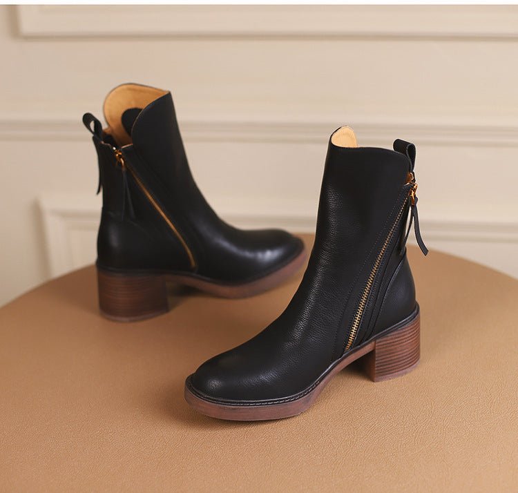 British - Style Thick Heel Ankle Boots - AmiraMart