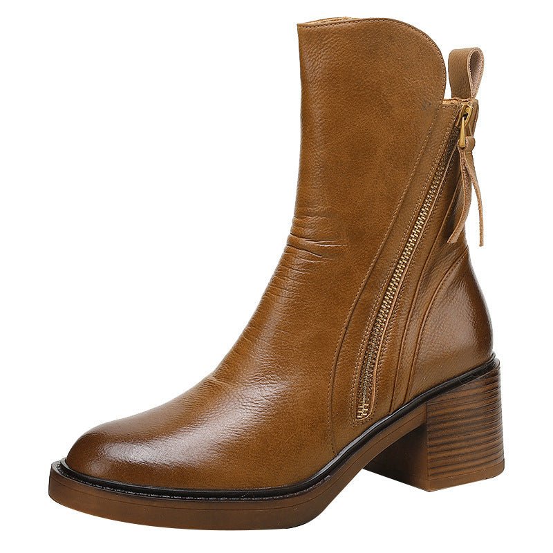 British - Style Thick Heel Ankle Boots - AmiraMart