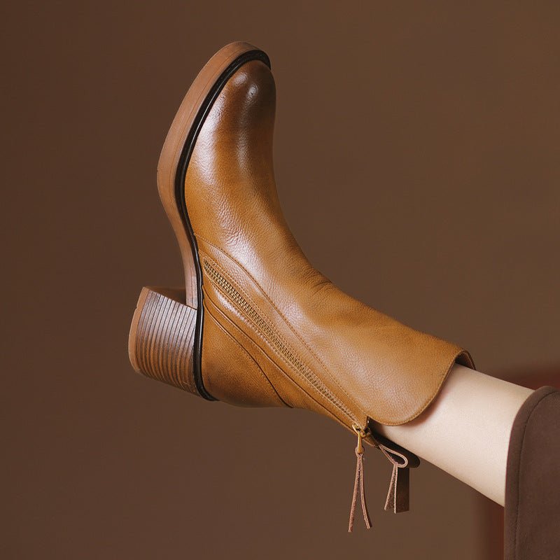 British - Style Thick Heel Ankle Boots - AmiraMart