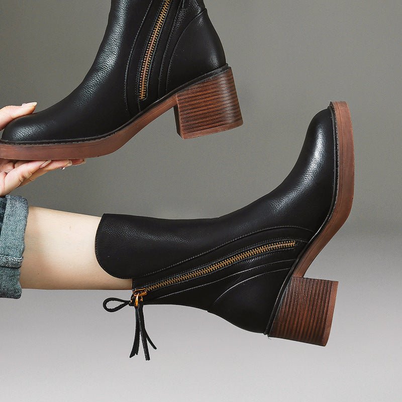 British - Style Thick Heel Ankle Boots - AmiraMart