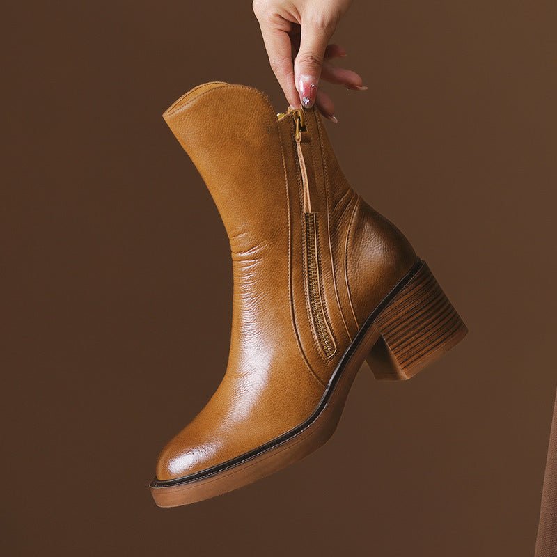 British - Style Thick Heel Ankle Boots - AmiraMart