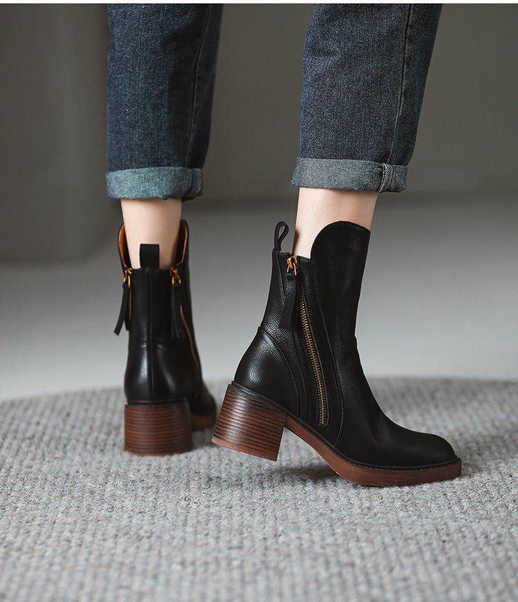 British - Style Thick Heel Ankle Boots - AmiraMart