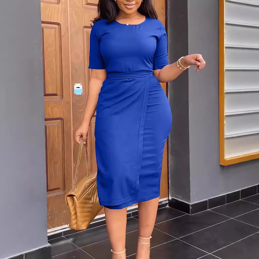 Business Short Sleeve Round Neck Dress - AmiraMart