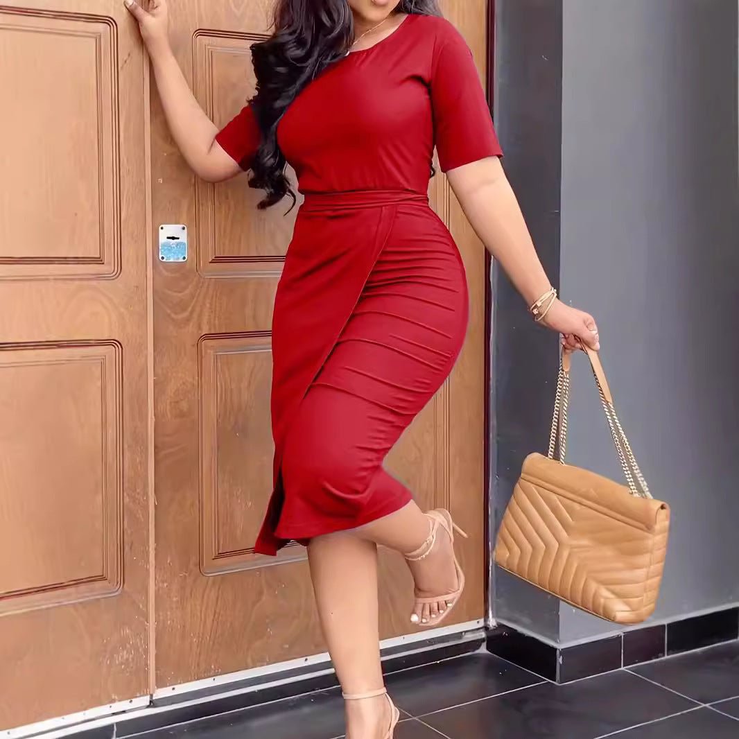 Business Short Sleeve Round Neck Dress - AmiraMart