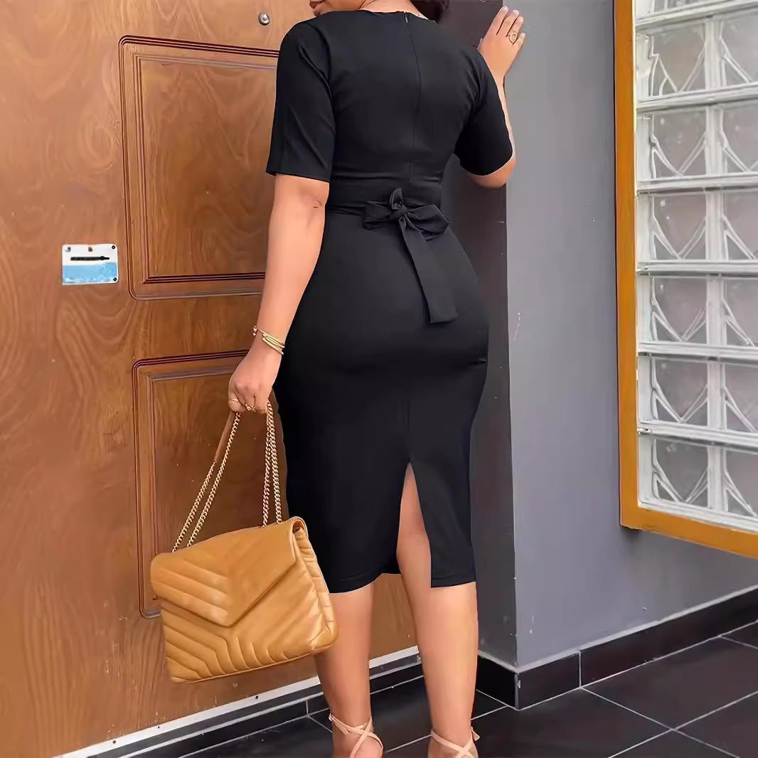 Business Short Sleeve Round Neck Dress - AmiraMart