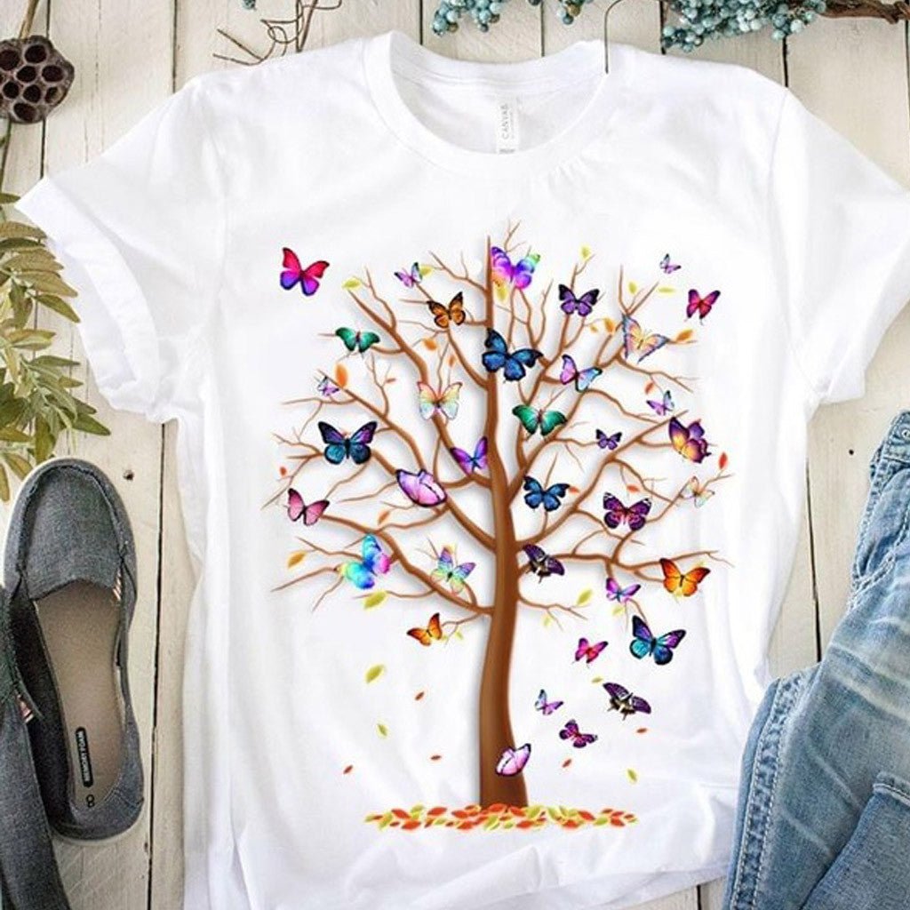Butterfly Tree Print T-Shirt - AmiraMart