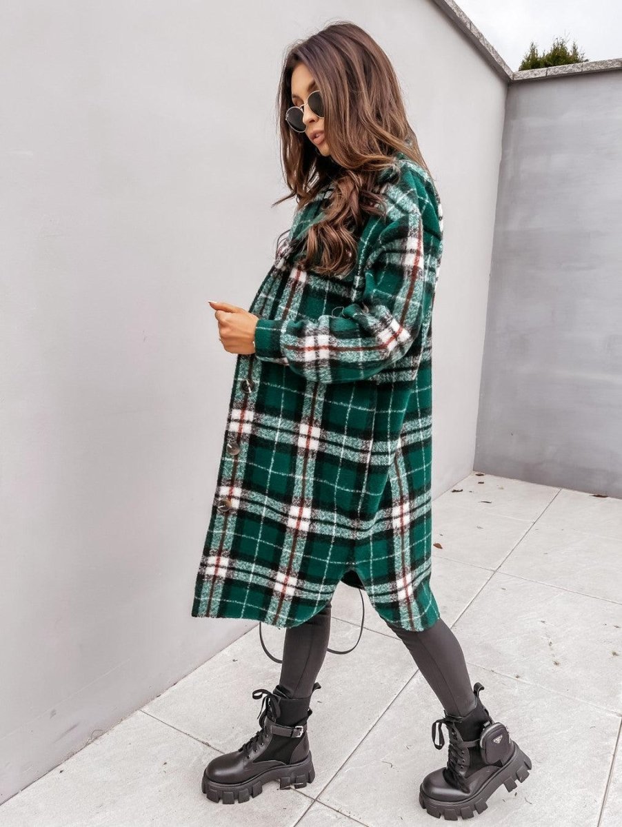 Button Lapel Casual Warm Plaid Long Woolen Coat - AmiraMart