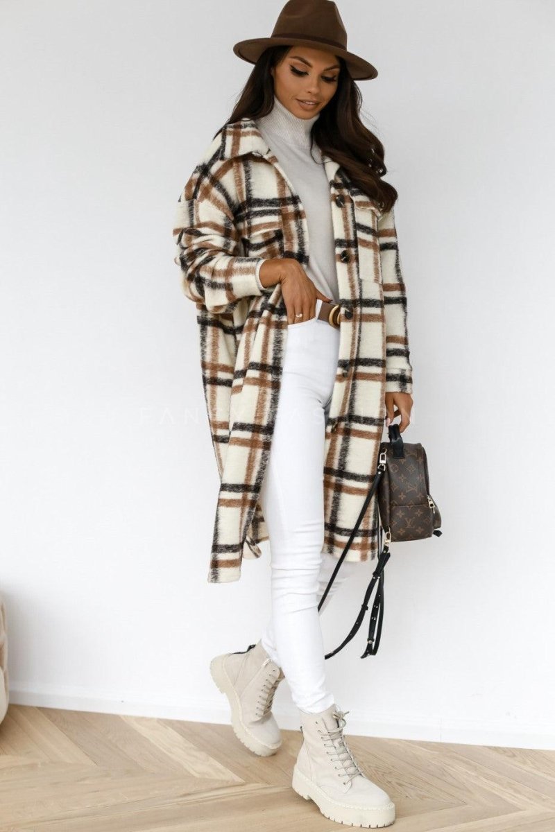 Button Lapel Casual Warm Plaid Long Woolen Coat - AmiraMart