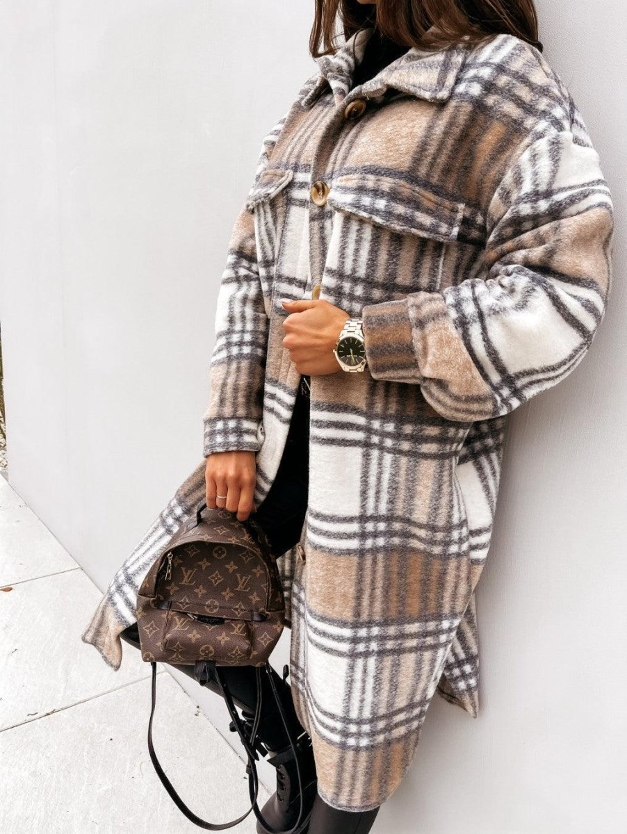 Button Lapel Casual Warm Plaid Long Woolen Coat - AmiraMart