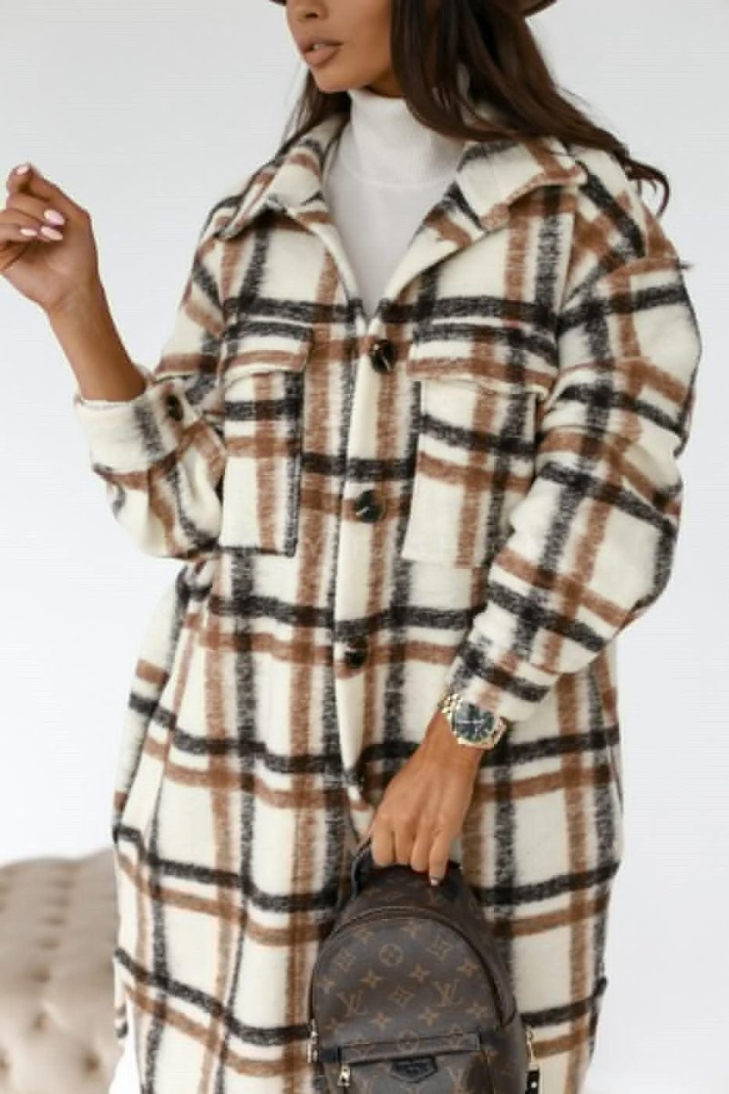 Button Lapel Casual Warm Plaid Long Woolen Coat - AmiraMart