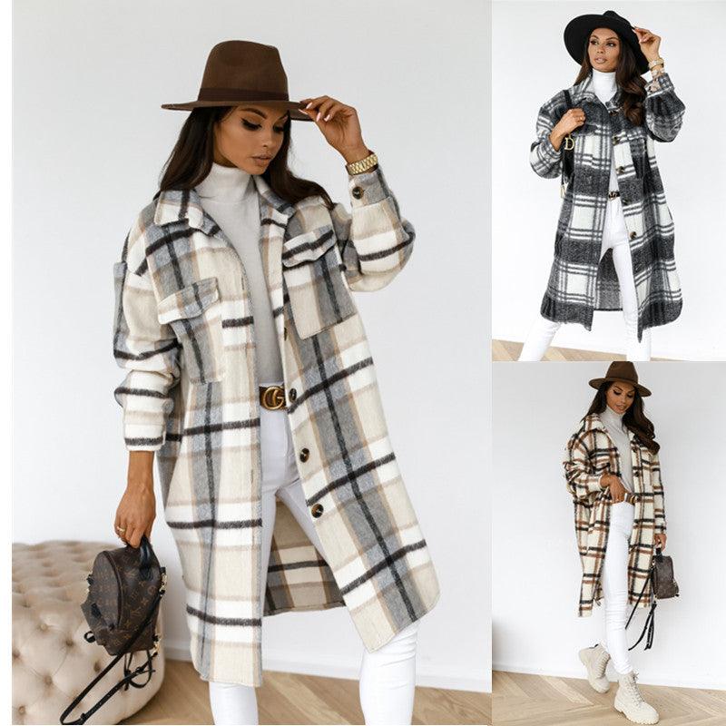 Button Lapel Casual Warm Plaid Long Woolen Coat - AmiraMart