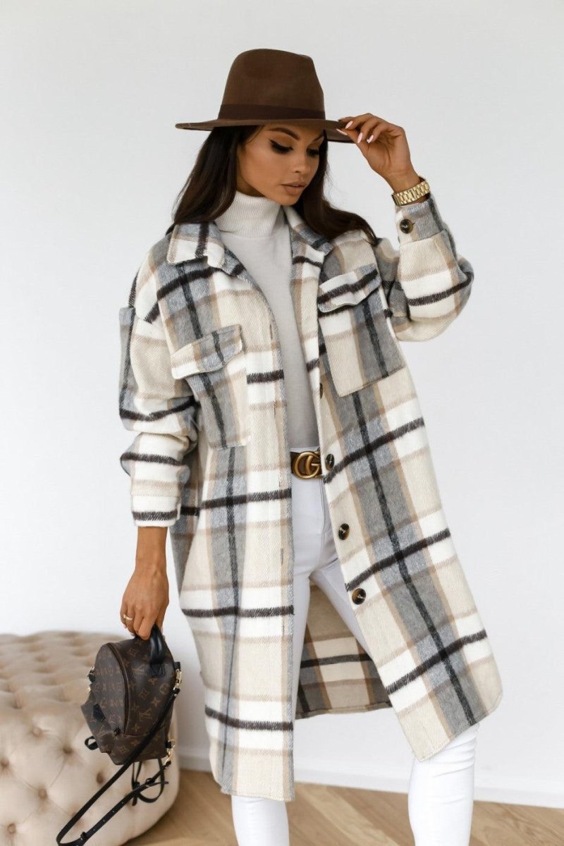 Button Lapel Casual Warm Plaid Long Woolen Coat - AmiraMart