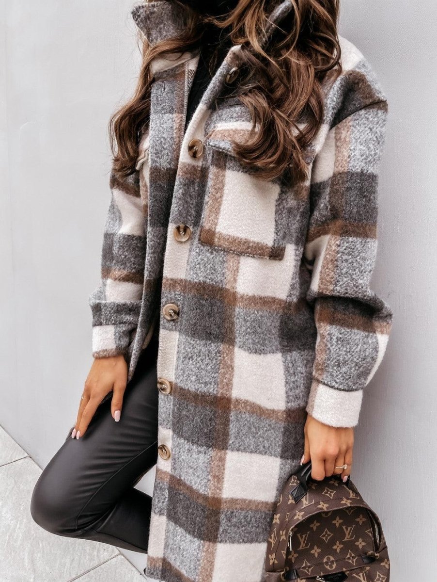 Button Lapel Casual Warm Plaid Long Woolen Coat - AmiraMart