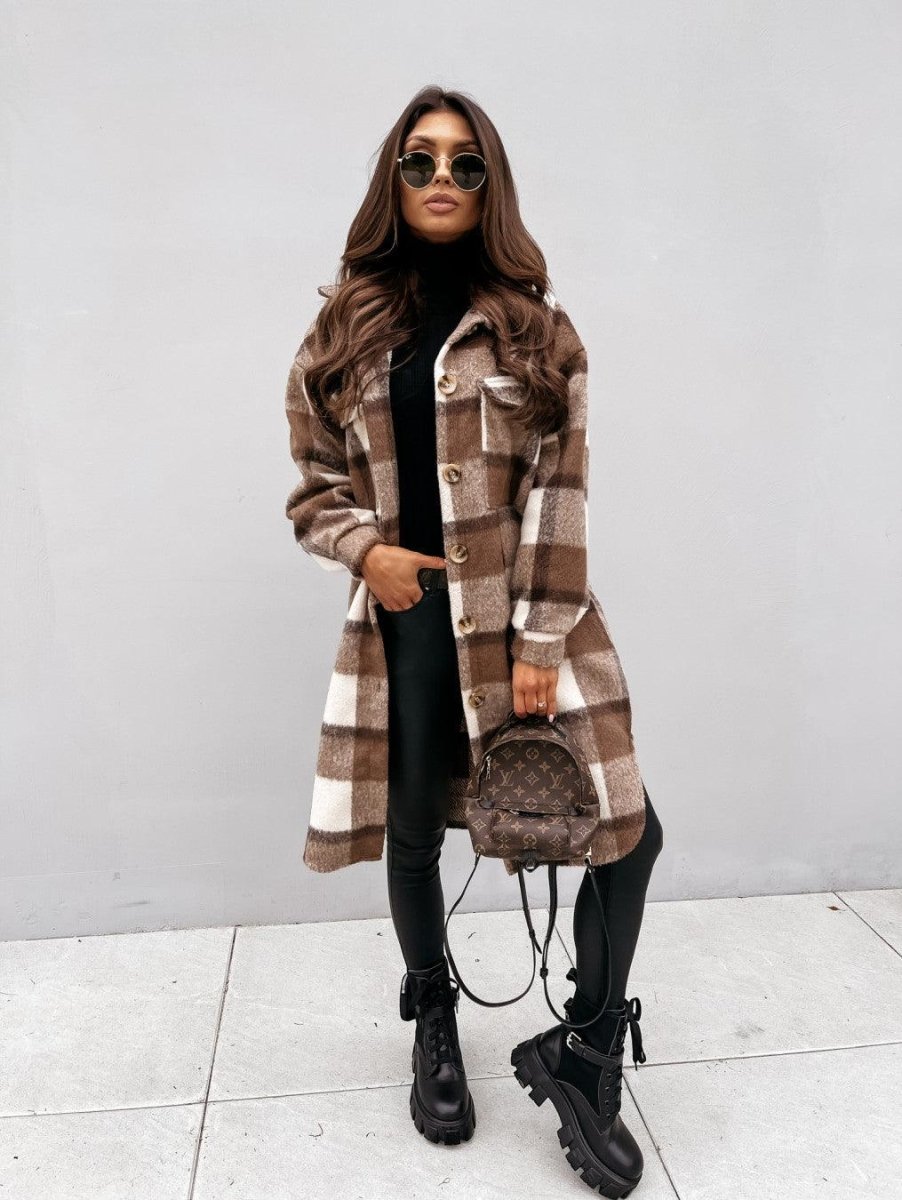 Button Lapel Casual Warm Plaid Long Woolen Coat - AmiraMart
