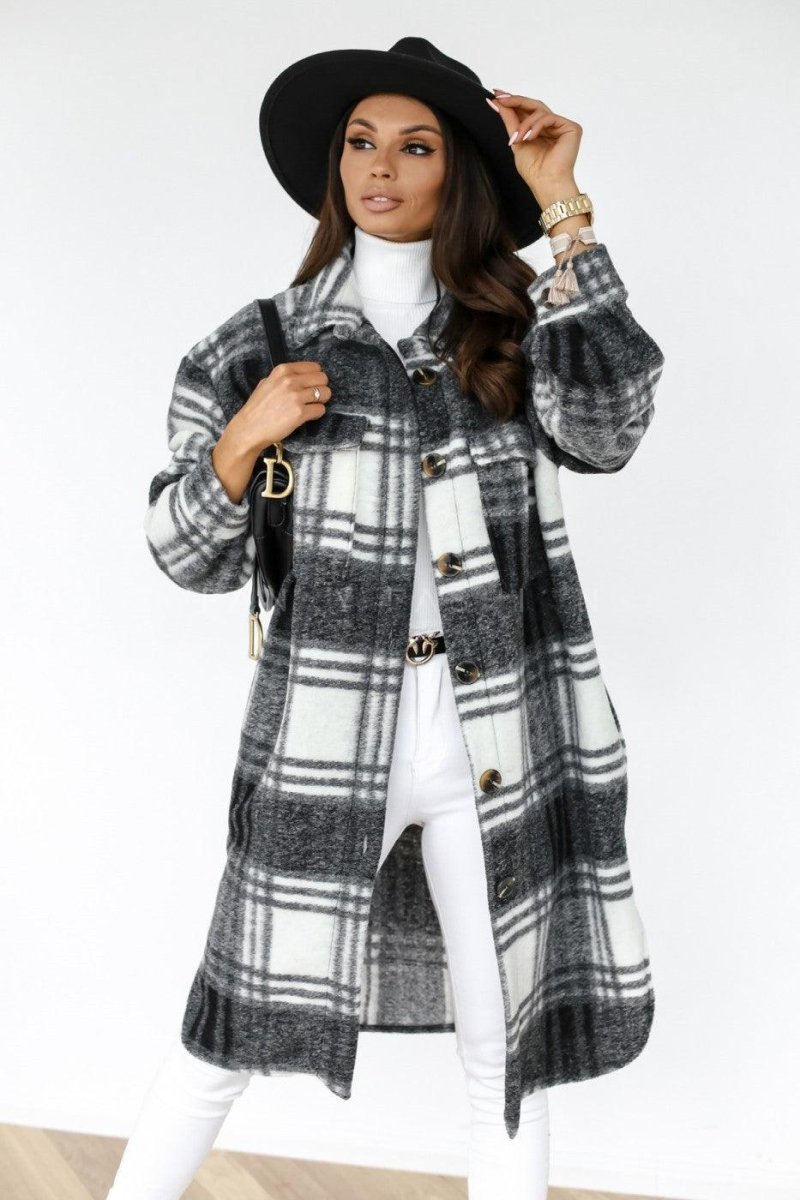 Button Lapel Casual Warm Plaid Long Woolen Coat - AmiraMart