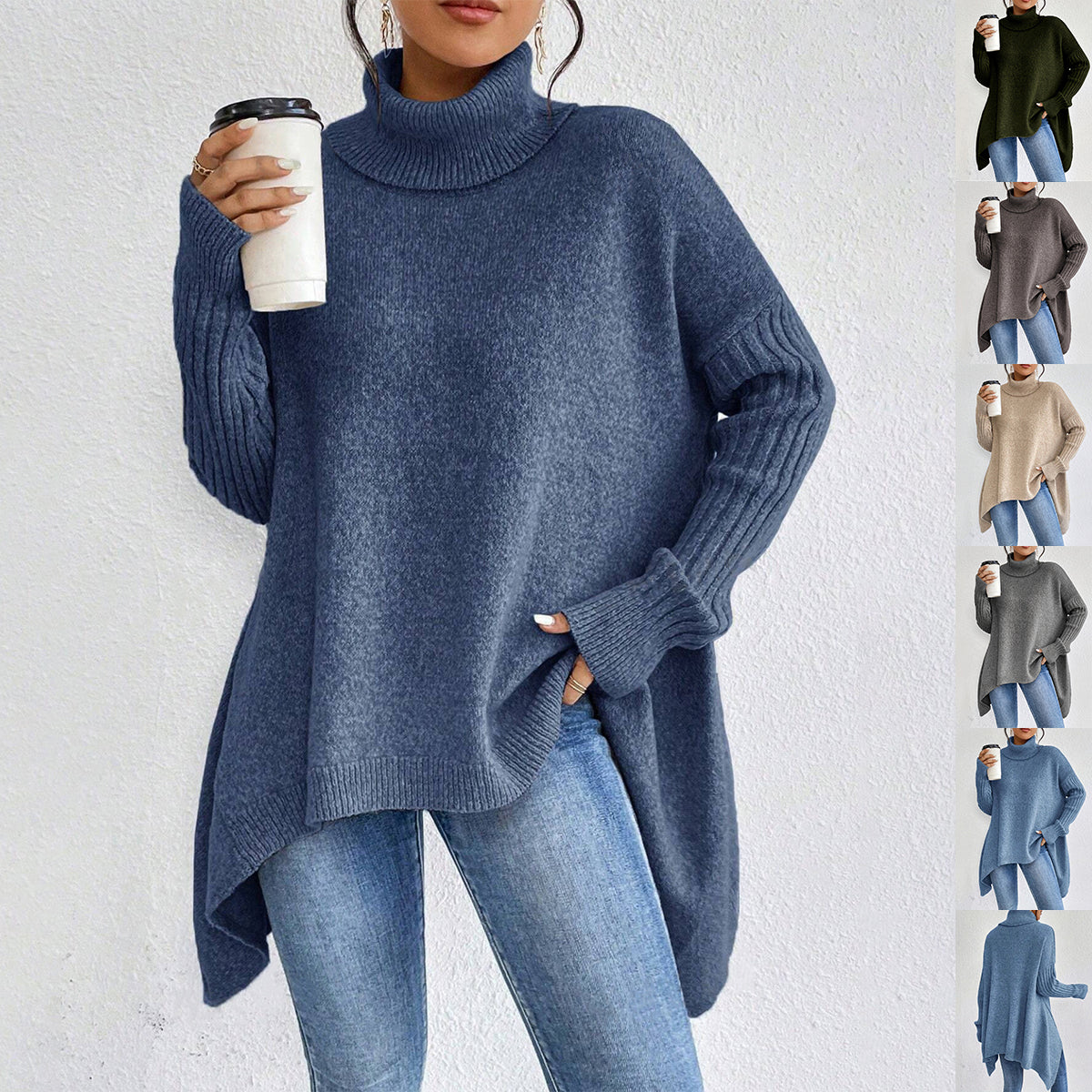 Person wearing a blue sweater and blue jeans against a white background