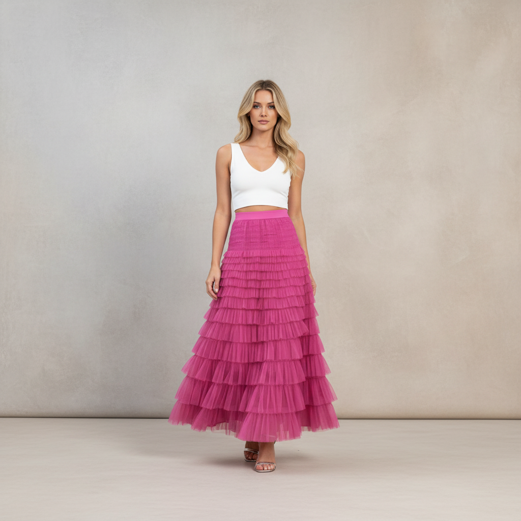 A woman stands against a neutral studio backdrop wearing a white sleeveless crop top and a long, tiered tulle skirt in vivid pink. She is wearing flat sandals.