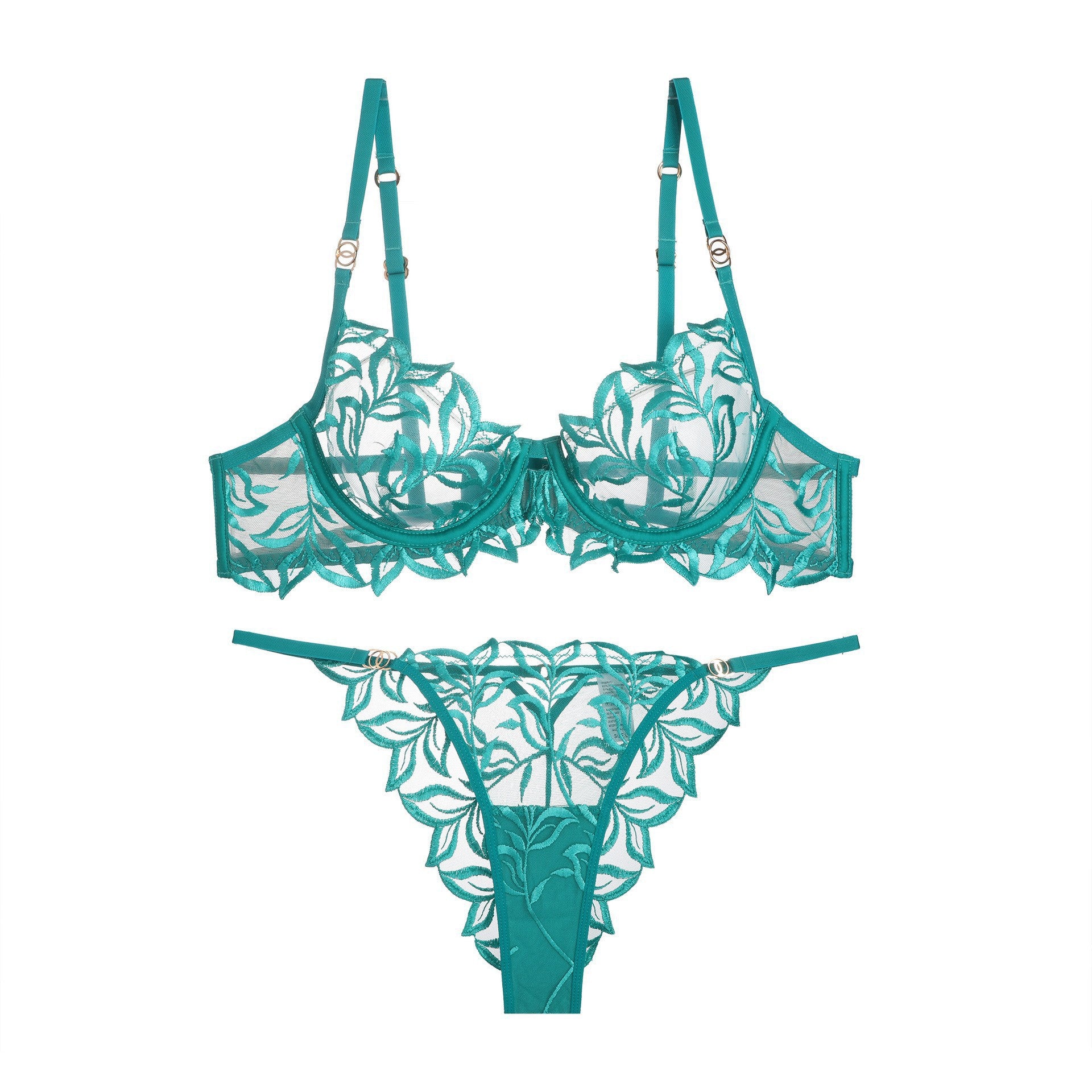 Teal lace lingerie set on a white background