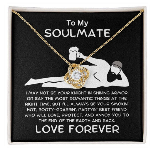 Necklace with heart-shaped pendant on a card for 'My Soulmate' with romantic text.