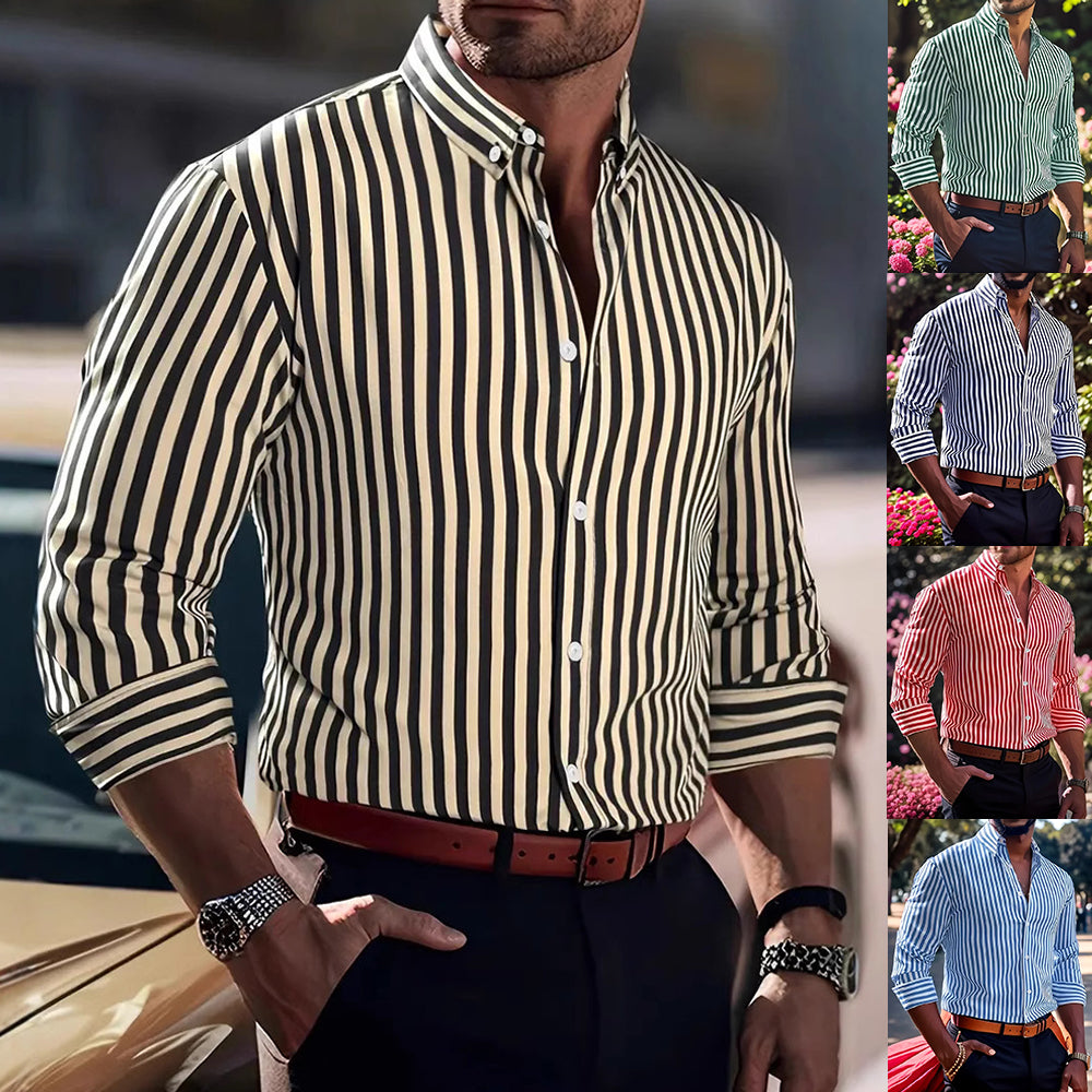 Man wearing a striped shirt with rolled-up sleeves, standing next to a car.