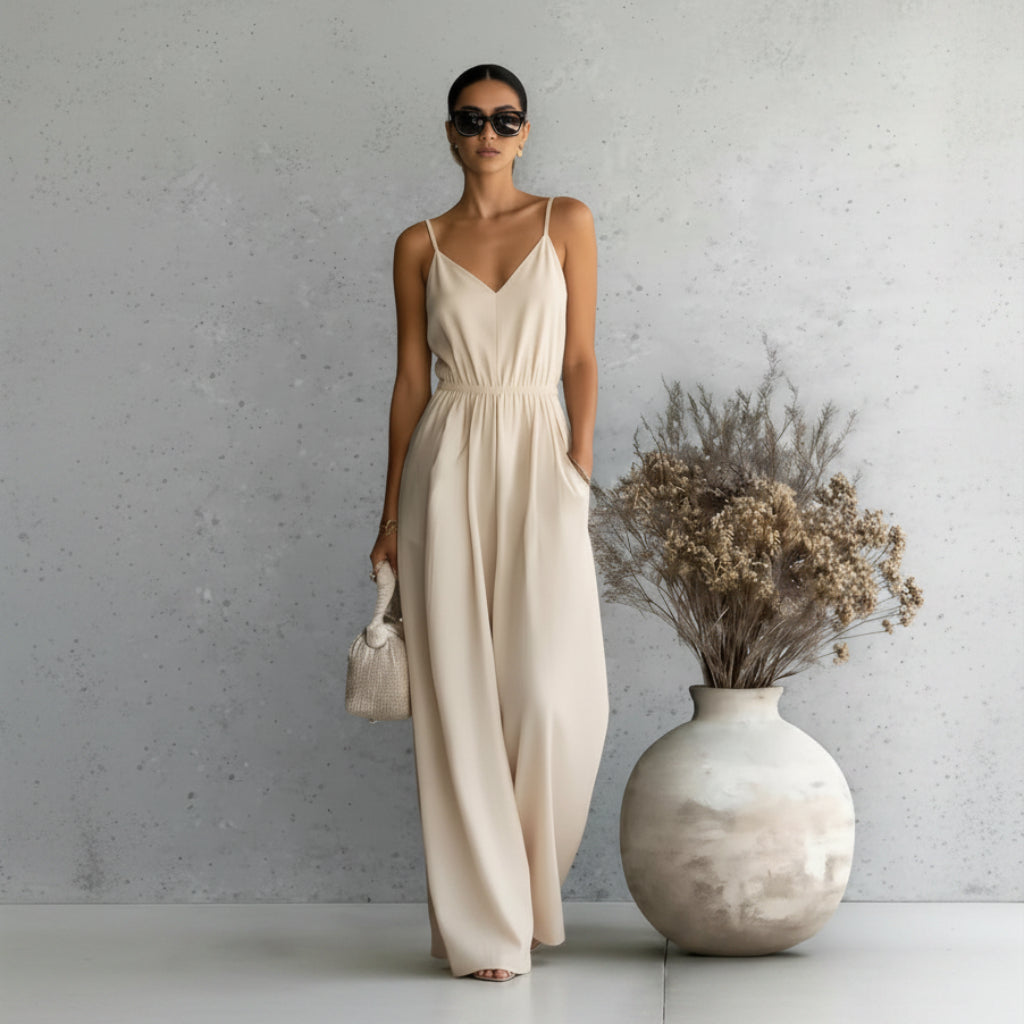 Woman in a beige dress standing next to a vase with dried flowers against a gray wall.