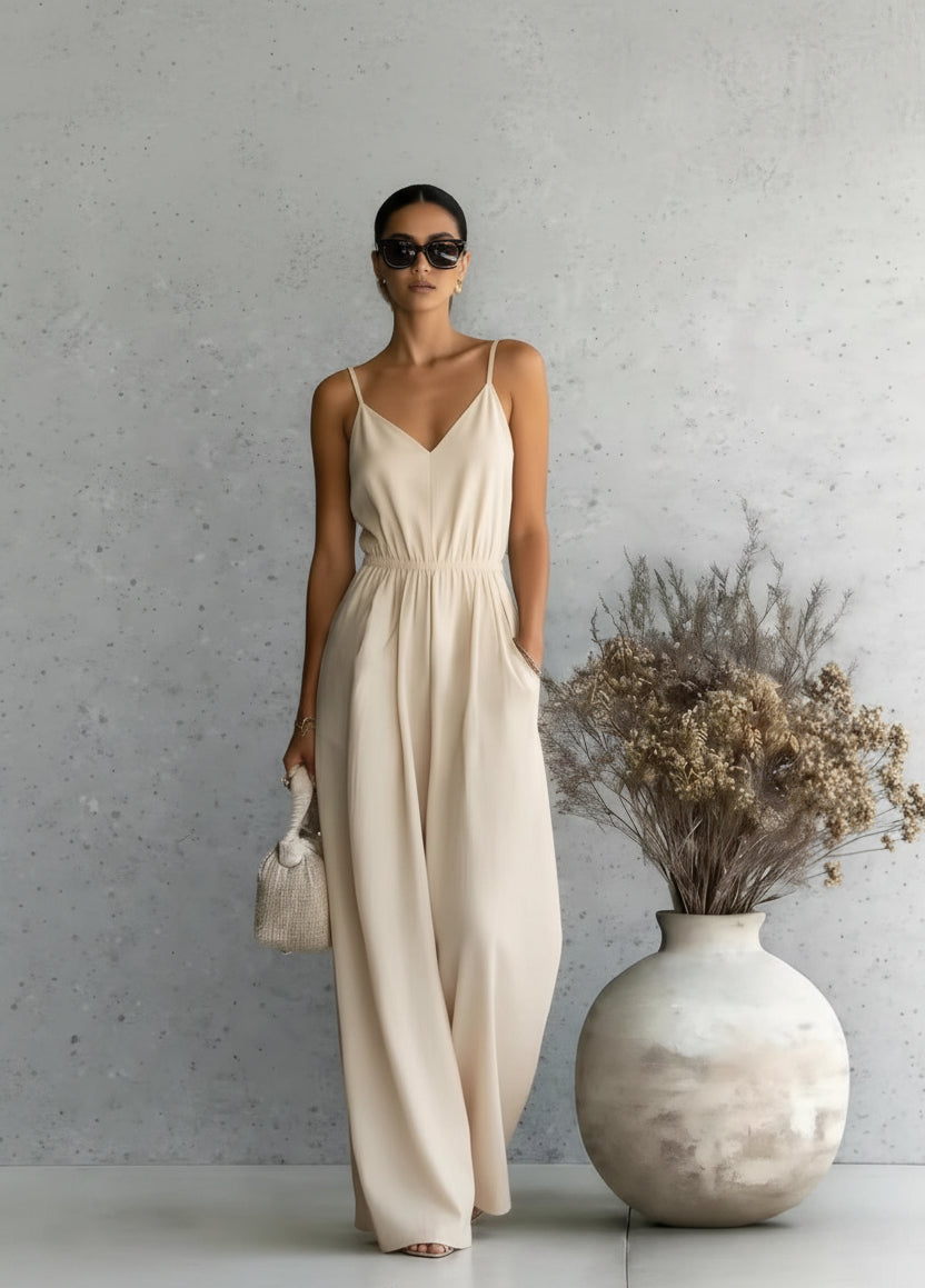 Woman in a beige dress standing next to a vase with dried flowers against a gray wall.