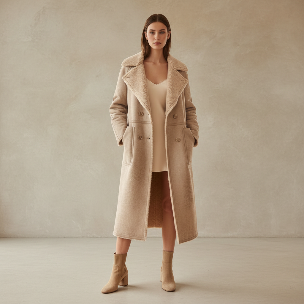 A woman stands in a bright, modern living room wearing a long beige coat over a cream top and brown skirt, paired with beige ankle boots. The room features large windows, a light-colored sectional sofa, and a pampas grass arrangement in a vase.