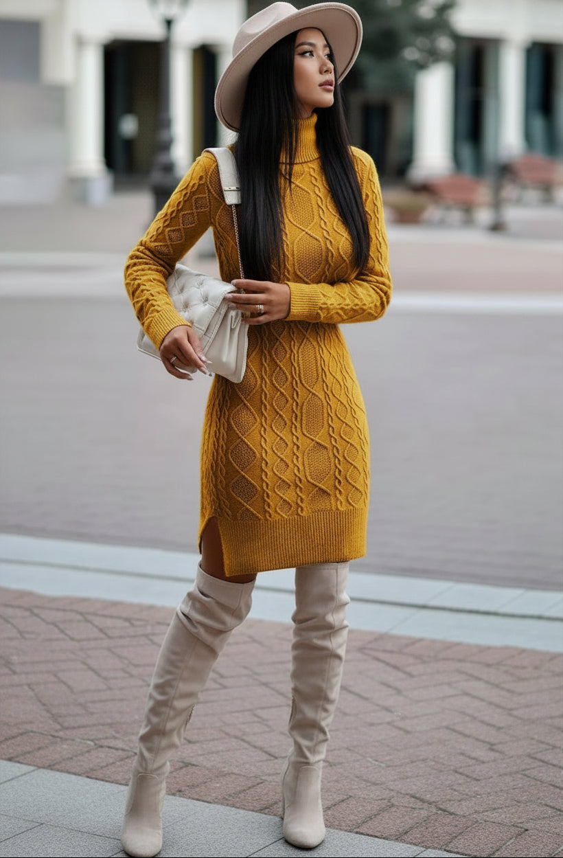 Person wearing a mustard yellow cable knit sweater dress with white boots and holding a white clutch.