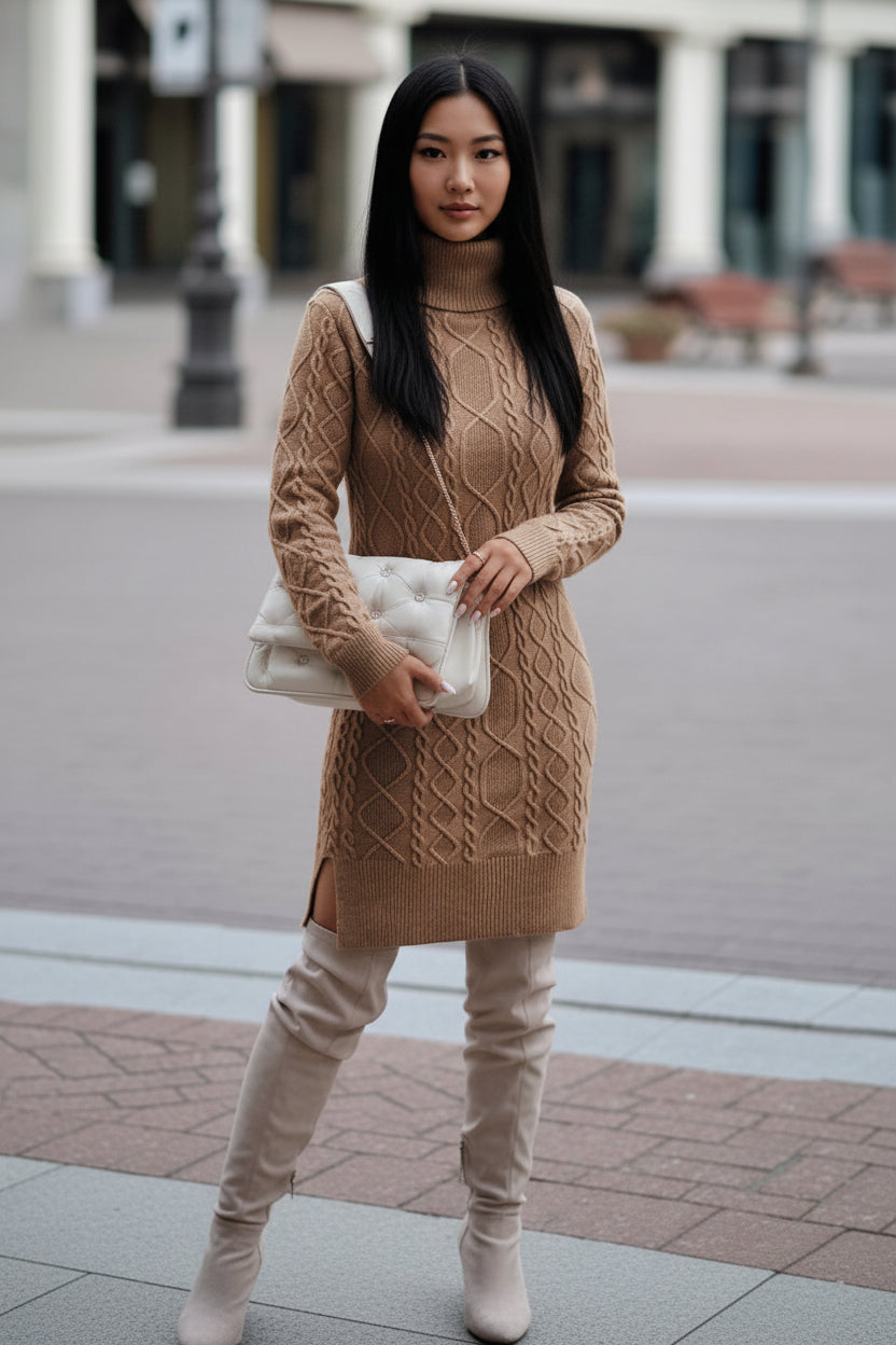 Woman wearing a beige cable knit sweater dress with white boots on a blurred street background