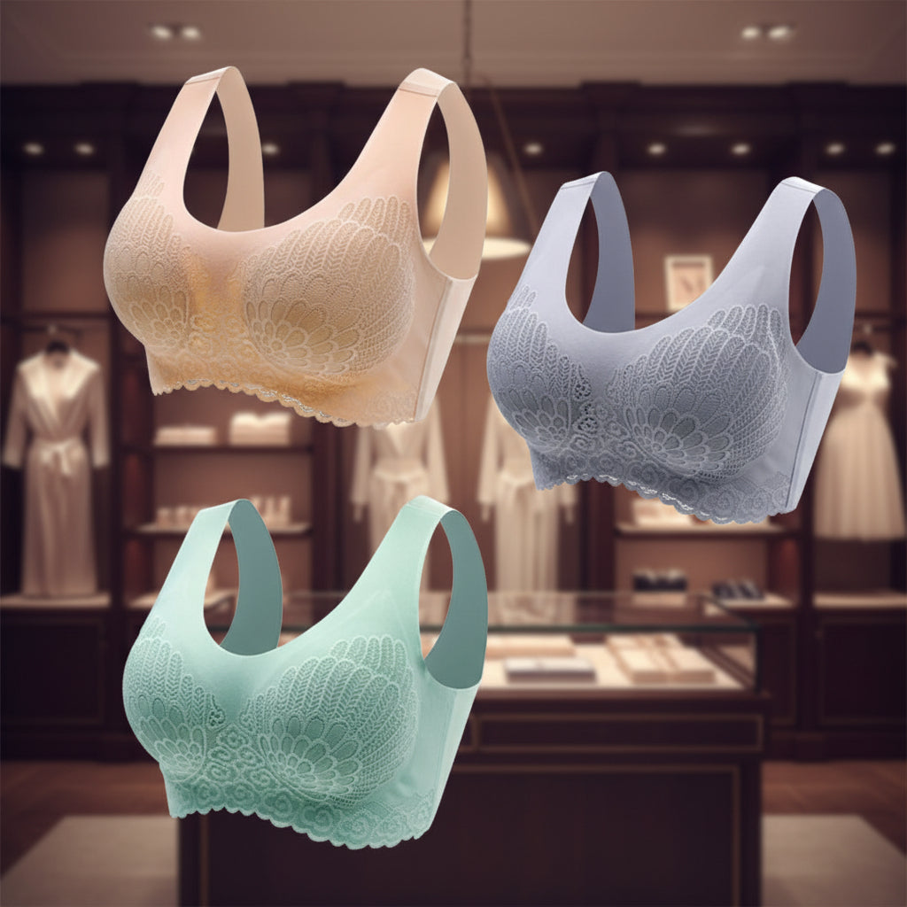 Three bras in beige, gray, and green on a white background