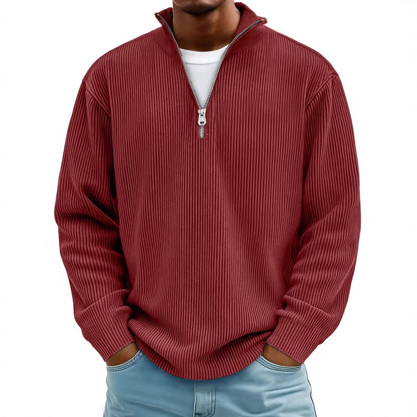 Corduroy Zipper Stand Collar Sweatshirt - AmiraMart