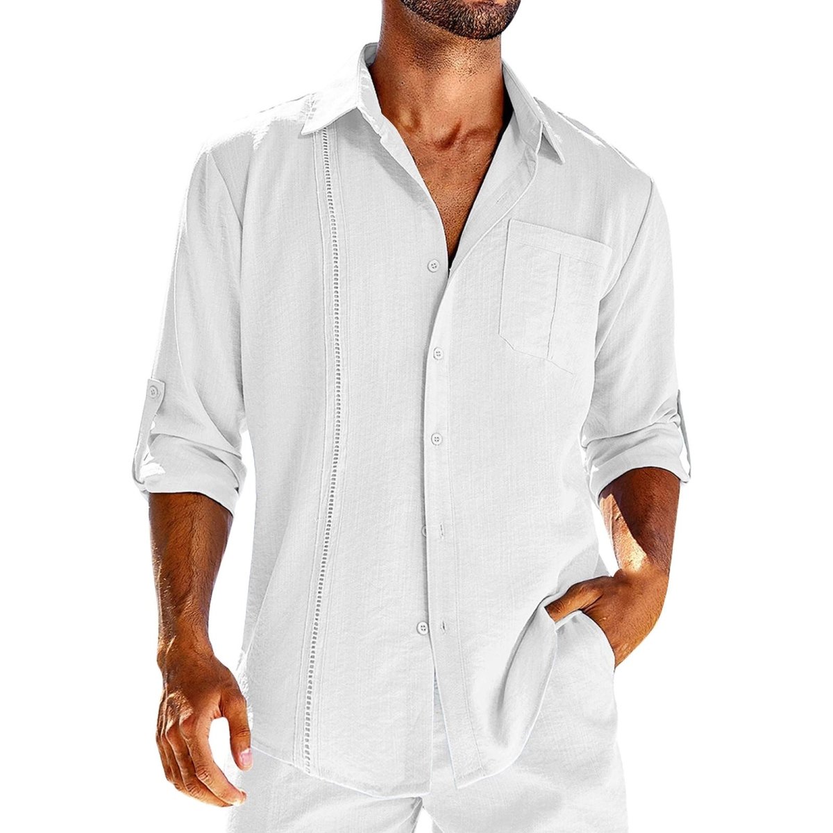 Casual Long Sleeve Shirt With Pocket Lace Polo Collar Solid Color Button Mens Clothing - AmiraMart