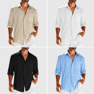 Casual Long Sleeve Shirt With Pocket Lace Polo Collar Solid Color Button Mens Clothing - AmiraMart