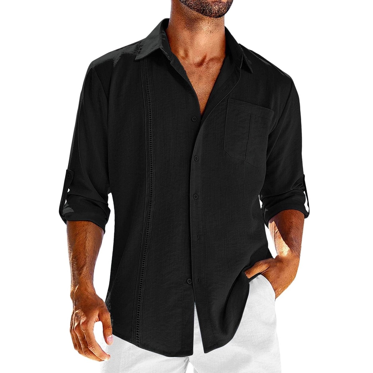 Casual Long Sleeve Shirt With Pocket Lace Polo Collar Solid Color Button Mens Clothing - AmiraMart