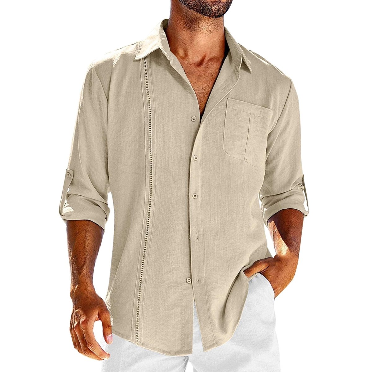 Casual Long Sleeve Shirt With Pocket Lace Polo Collar Solid Color Button Mens Clothing - AmiraMart
