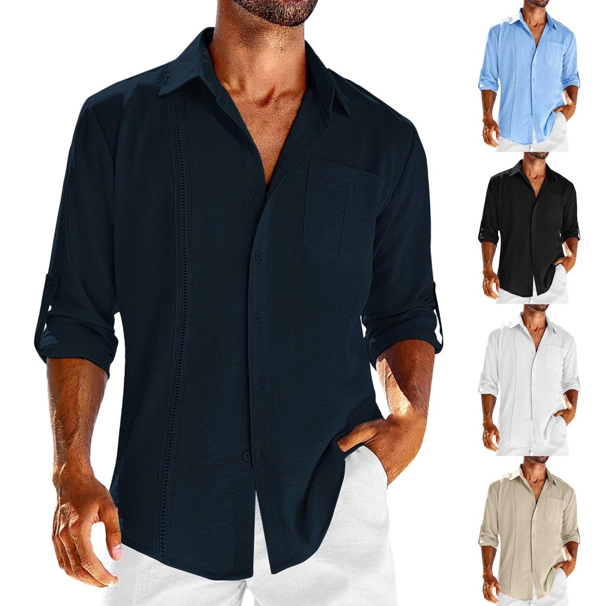 Casual Long Sleeve Shirt With Pocket Lace Polo Collar Solid Color Button Mens Clothing - AmiraMart