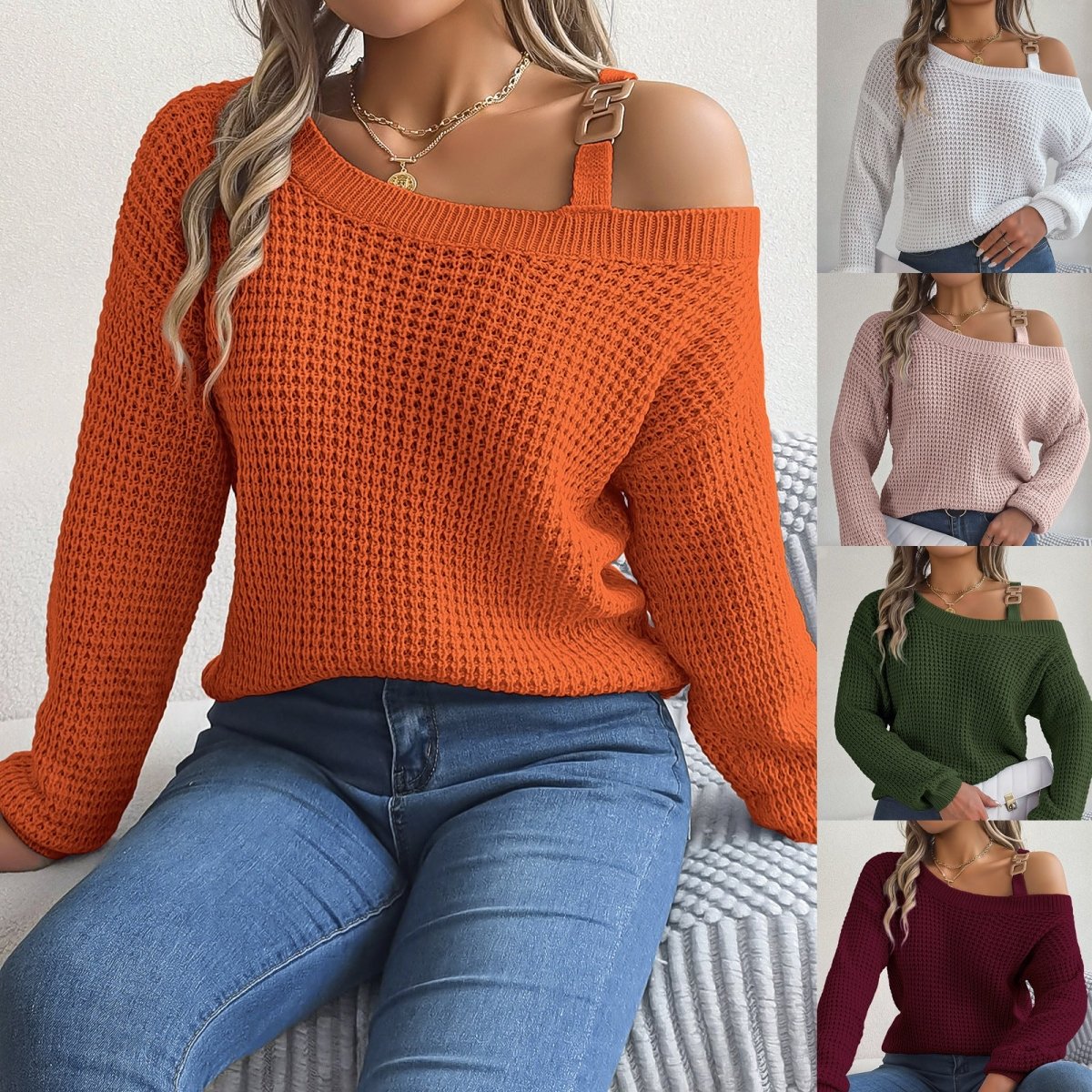 Casual Metal Buckle Patchwork Sweater - AmiraMart