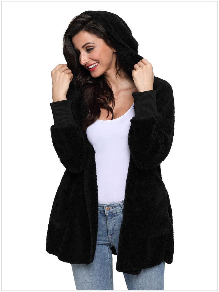 Casual Women's Hooded Solid Color Warm Plush Jacket - AmiraMart