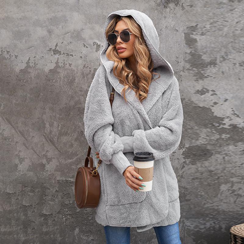Casual Women's Hooded Solid Color Warm Plush Jacket - AmiraMart