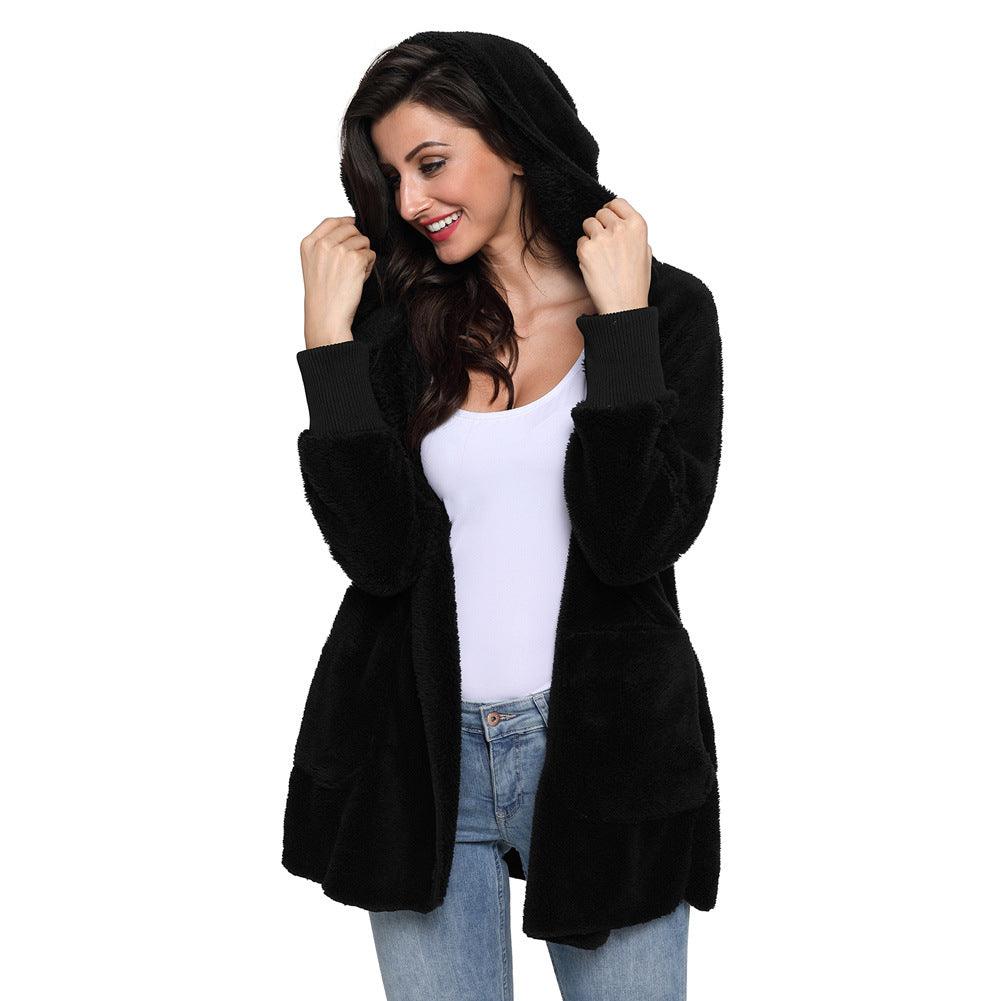 Casual Women's Hooded Solid Color Warm Plush Jacket - AmiraMart