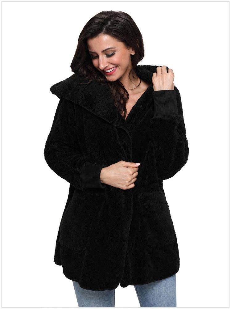 Casual Women's Hooded Solid Color Warm Plush Jacket - AmiraMart