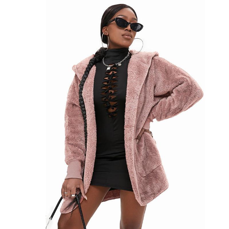 Casual Women's Hooded Solid Color Warm Plush Jacket - AmiraMart