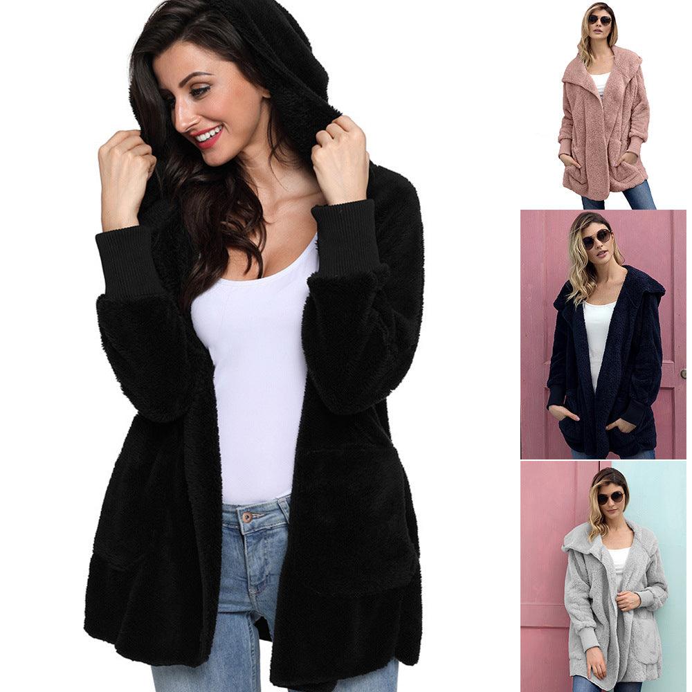 Casual Women's Hooded Solid Color Warm Plush Jacket - AmiraMart