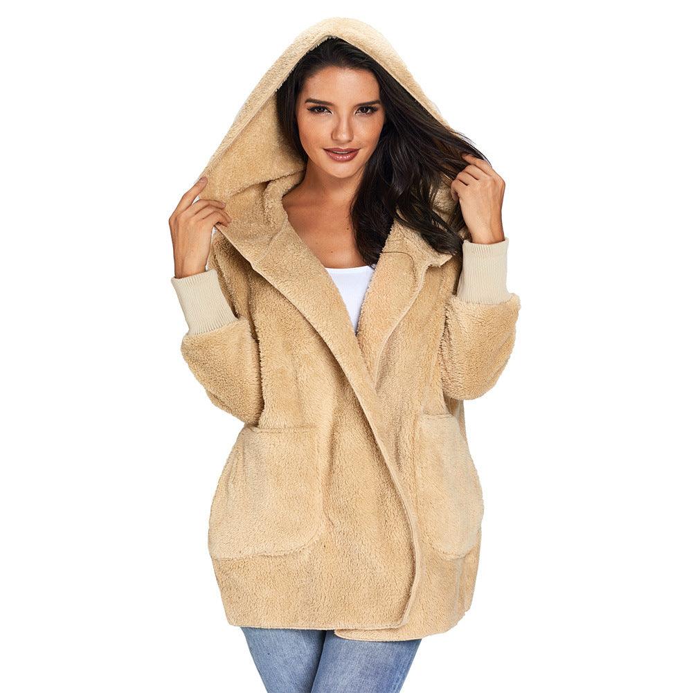 Casual Women's Hooded Solid Color Warm Plush Jacket - AmiraMart
