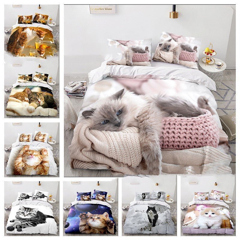 Cat Series 3d Digital Printed Quilt Cover Three - piece Set - AmiraMart